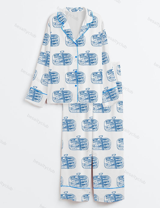 Sardines Tinned Fish Portugal Vintage Sardine Coastal Aesthetic Europe Travel Print Long Sleeve Satin Pajama Set