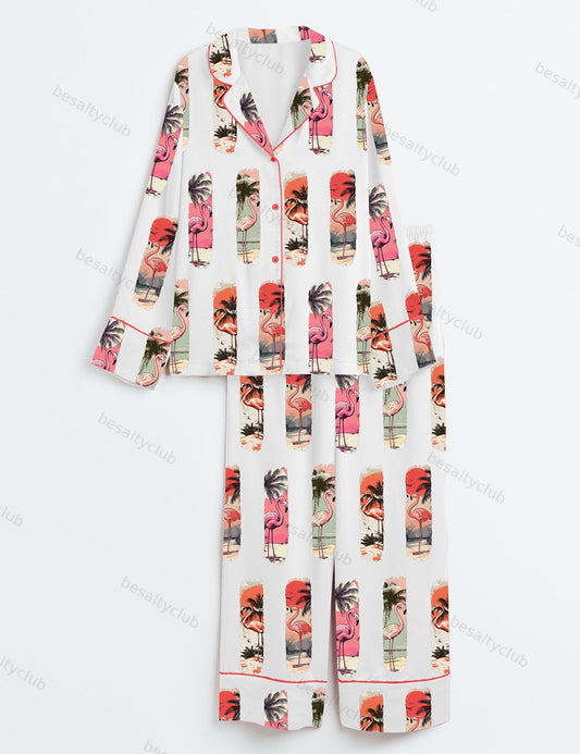 Flamingo Summer Vintage Pink Summer Flamingo Print Long Sleeve Satin Pajama Set