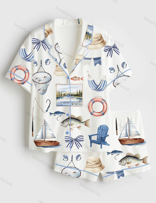 Lake Life Coastal Vacation Summer Vibes Short Sleeve Satin Pajama Set