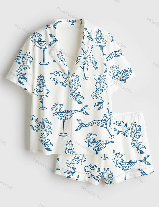 Hand Drawn Mairmaid In Martini Girl In Martini Glass For Bachelorette Whimsical Style Print Short Sleeve Satin Pajama Set