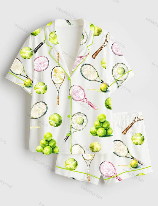 Watercolor Tennis Short Sleeve Satin Pajama Set