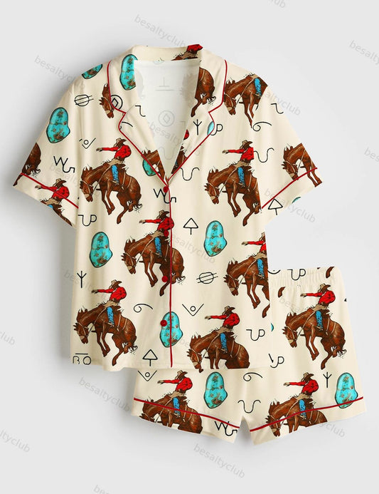 Western Cowboy Cowgirl Horse Riding Short Sleeve Satin Pajama Set