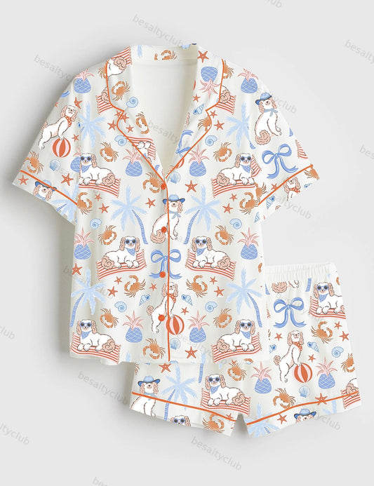 Crabs Pineapples Palm Trees Pups In Sunnies Beach Dog Short Sleeve Satin Pajama Set