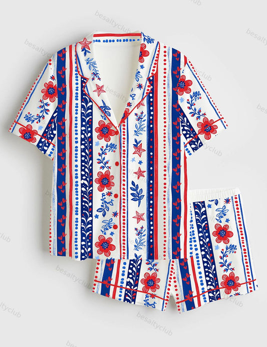 Red White Blue Stripes Floral 4th Of July Seamless Pattern USA Short Sleeve Satin Pajama Set