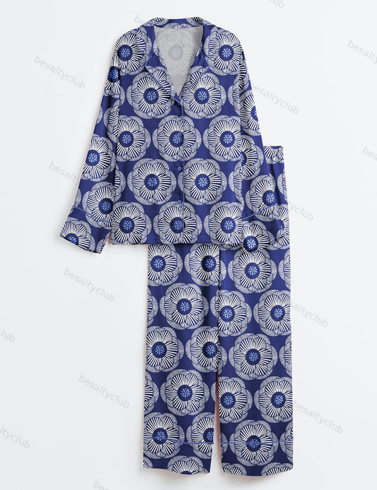 Camellia White On Dark Blue Bright Long Sleeve Satin Pajama Set