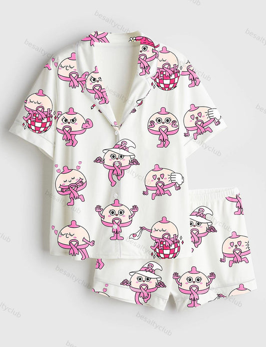 Breast Cute Cartoon Breast Cancer Awareness Pink Ribbon Pink Bow Print Short Sleeve Satin Pajama Set