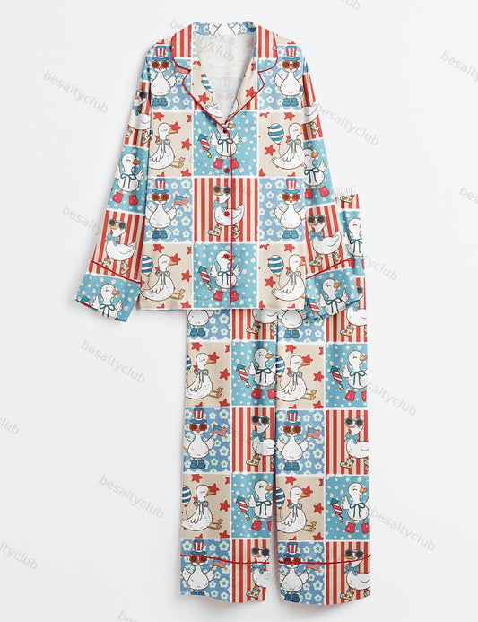 4th Of July Goose Patriotic Goose America Coquette Long Sleeve Satin Pajama Set