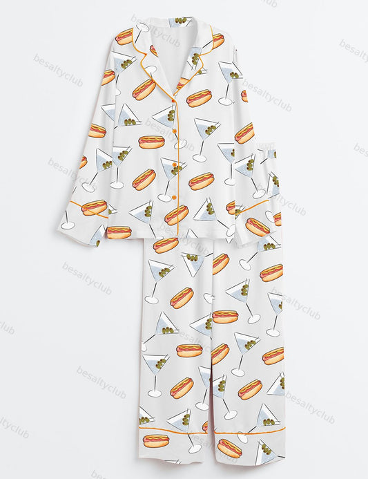Weenies And Tinis Hot Dogs Martinis Bachelorette Weekend  Long Sleeve Satin Pajama Set