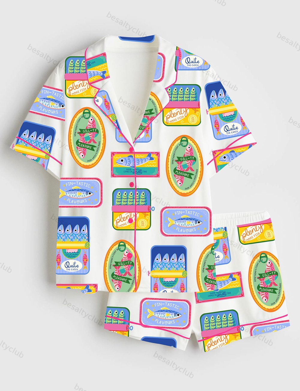 Sardinetin Sardine Art Print Short Sleeve Satin Pajama Set