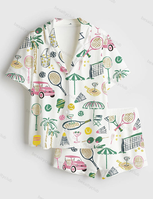 Hand Drawn Watercolor Tennis Bachelorette Party Country Club Tennis Pickleball Aesthetic Print Short Sleeve Satin Pajama Set
