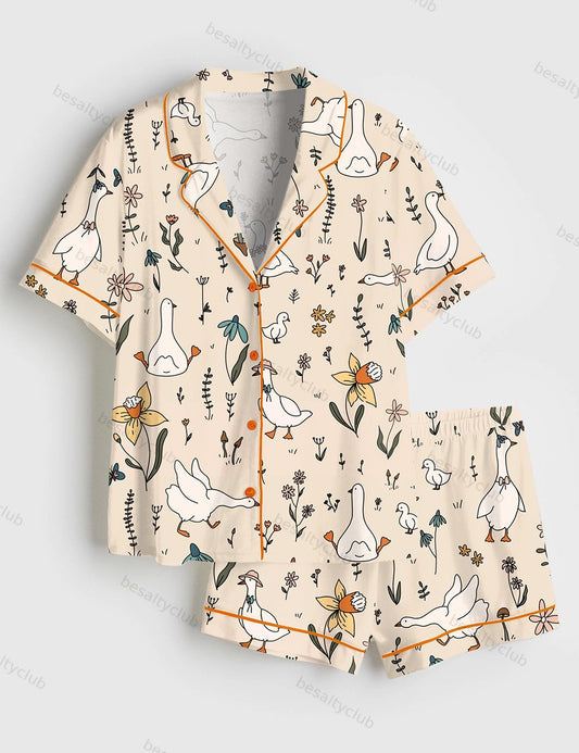 Silly Goose Hand Drawn Art Geese Farm Cute Animal Print Short Sleeve Satin Pajama Set