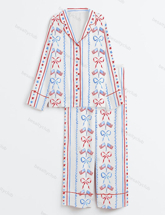 Red White And Blue Bow And Flag 4th Of July Long Sleeve Satin Pajama Set