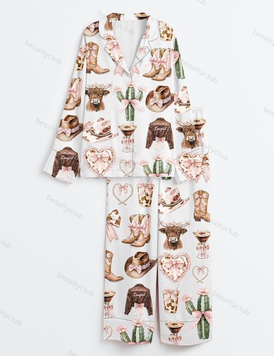 Coquette Cowgirl Boots Coquette Western Howdy Highland Cow Pink Cowgirl Cactus Long Sleeve Satin Pajama Set