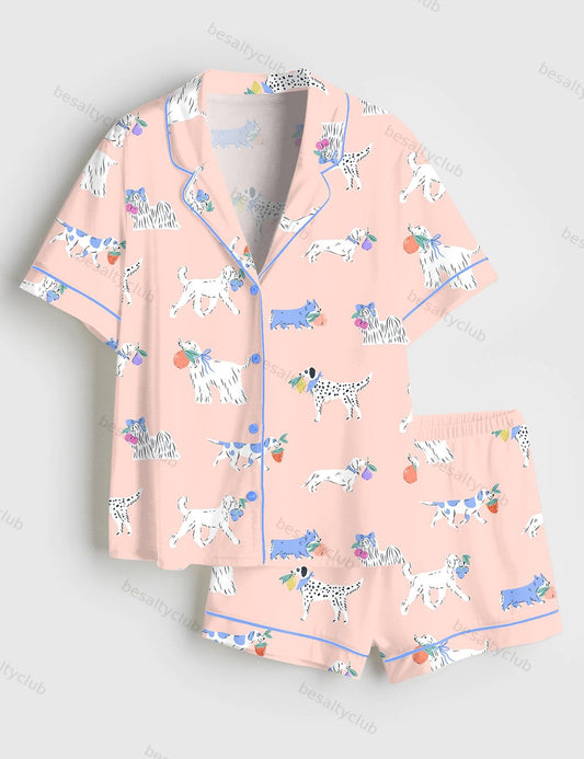 Cute Dogs Fruit Art Short Sleeve Satin Pajama Set