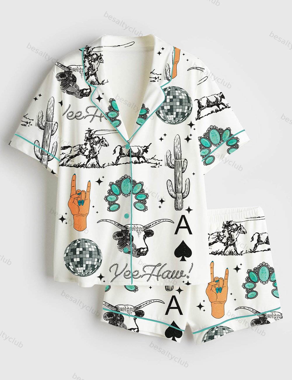 Western Things Sublimation Cowgirl Spade Rodeo Western Print Short Sleeve Satin Pajama Set