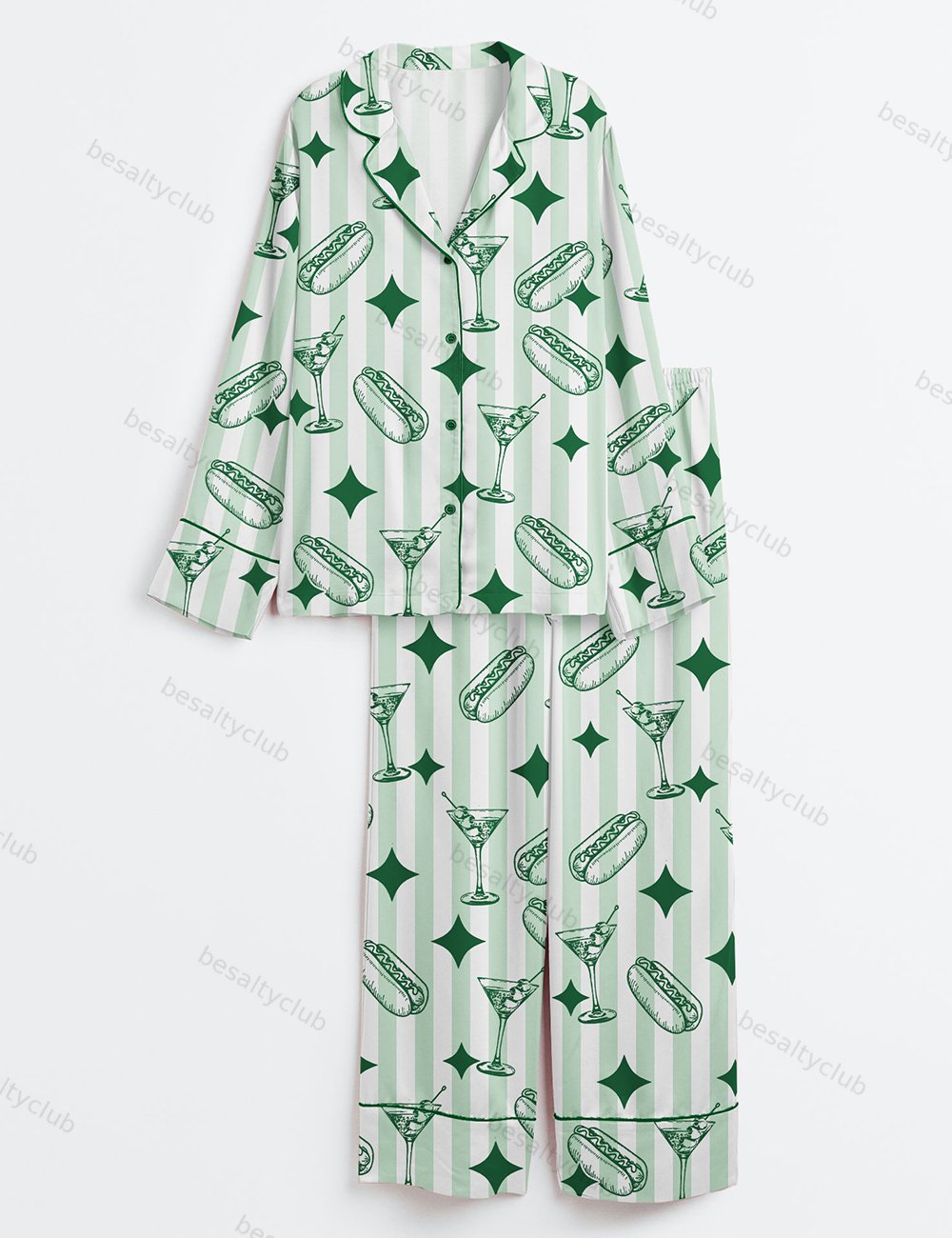 Green Stripe Tinis And Weenies Dirty Martini Party Print Long Sleeve Satin Pajama Set