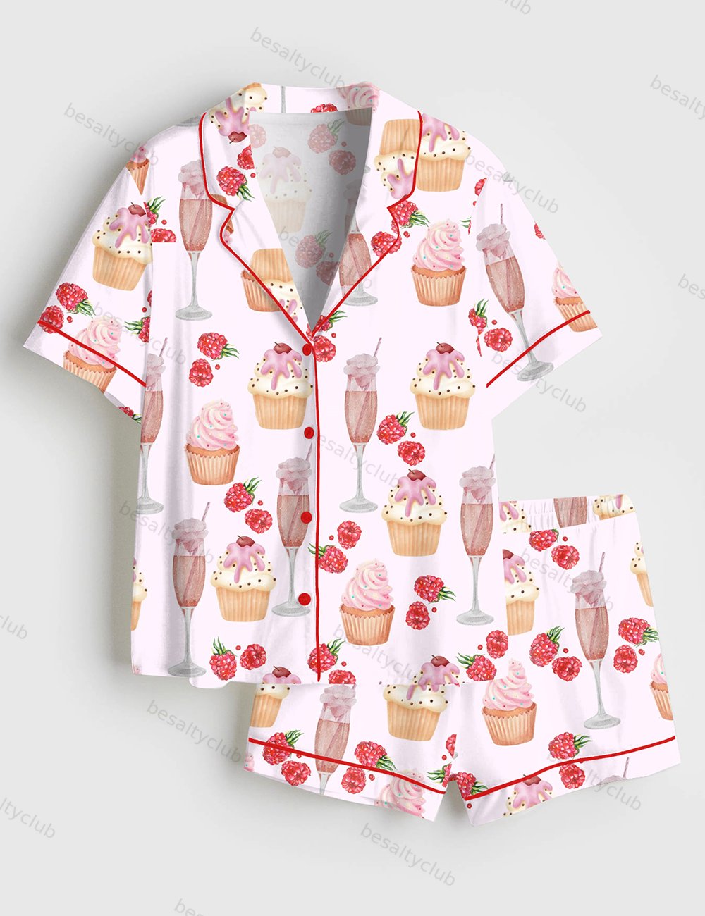 Pink Champagne Cup Cake Raspberry Picnic Party Short Sleeve Satin Pajama Set
