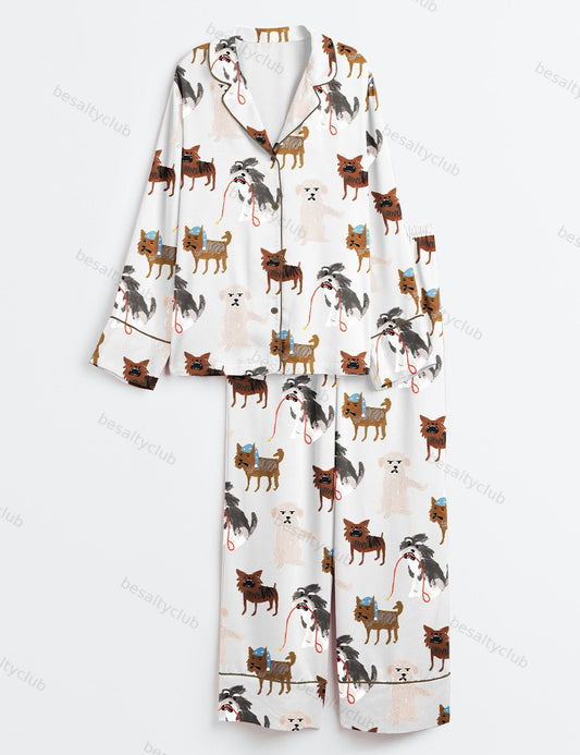 Vicious Puppy Dogs Lover Long Sleeve Satin Pajama Set