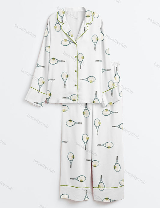 Tennis Rackets Long Sleeve Satin Pajama Set