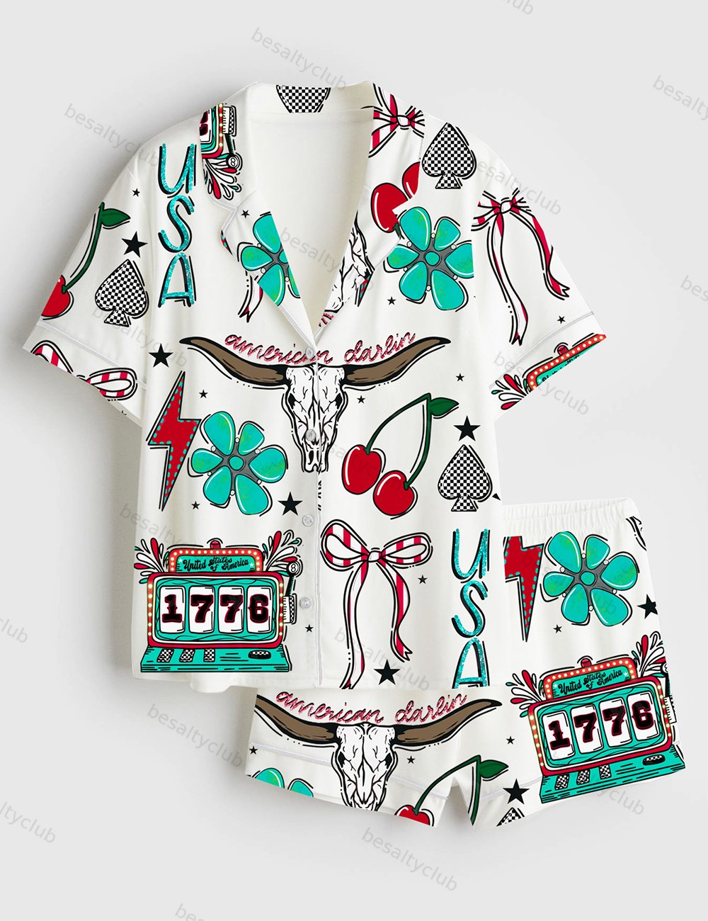 Western 4th Of July Independence Day America Checkers Coquette Patriotic Print Short Sleeve Satin Pajama Set