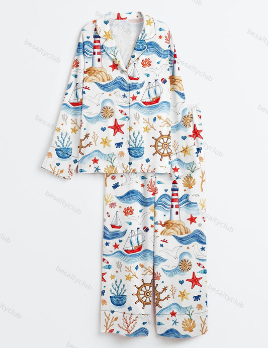 Sea Maritime Independence Day The 4th Of July Red White Blue Long Sleeve Satin Pajama Set