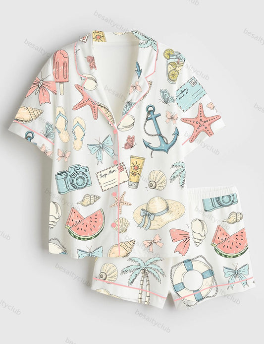 Coastal Coquette Seashell Summer Vibes Beach Print Short Sleeve Satin Pajama Set