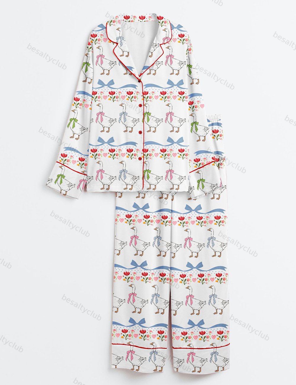 Vintage Goose Blue Ribon Trendy Cute Goose Print Long Sleeve Satin Pajama Set