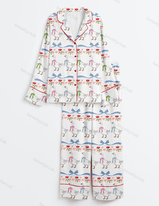 Vintage Goose Blue Ribon Trendy Cute Goose Print Long Sleeve Satin Pajama Set
