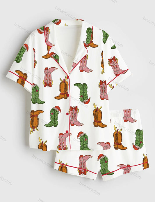 Western Grinch Cowboy Boots Christmas Short Sleeve Satin Pajama Set