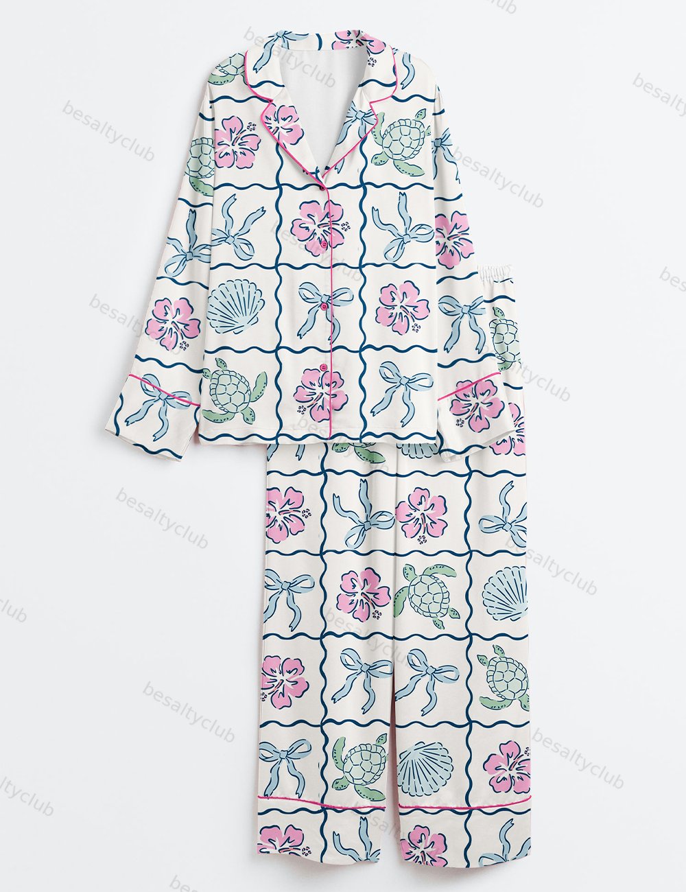 Summer Turtles Summer Beach Bows In Blue Print Long Sleeve Satin Pajama Set