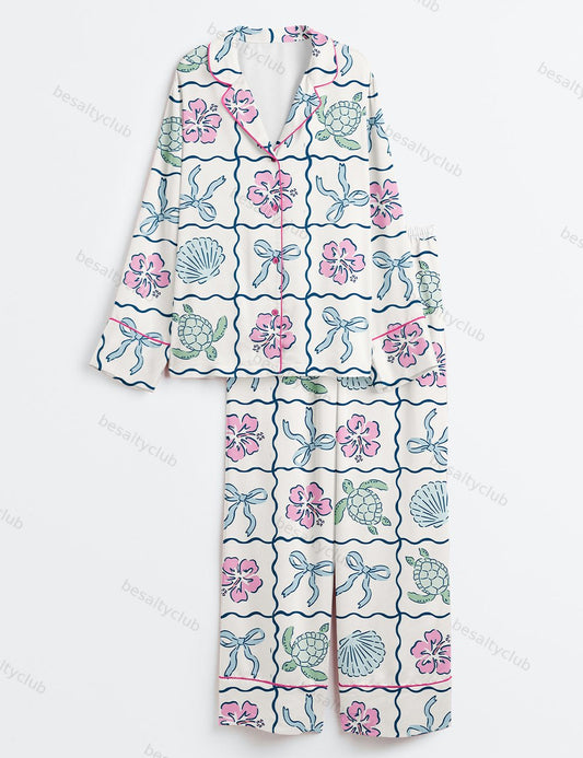Summer Turtles Summer Beach Bows In Blue Print Long Sleeve Satin Pajama Set