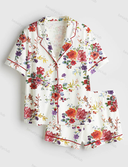 Beautiful Floral Bouquet Short Sleeve Satin Pajama Set