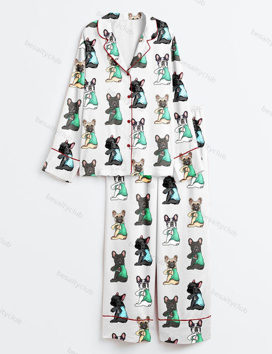 French Bulldog I Love Mom Frenchie Mom Cute Frenchie Bulldog Print Long Sleeve Satin Pajama Set