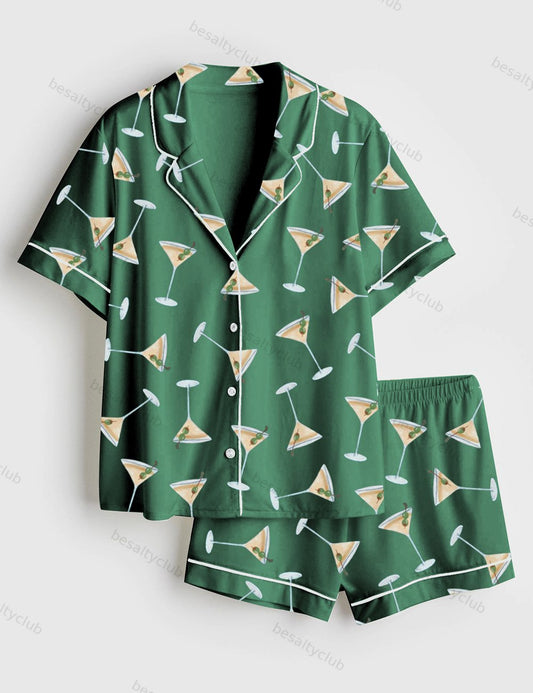 Martini Cocktail Short Sleeve Satin Pajama Set