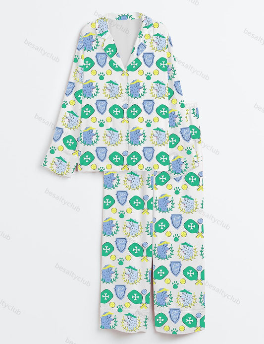 Dog Pickleball Art Long Sleeve Satin Pajama Set