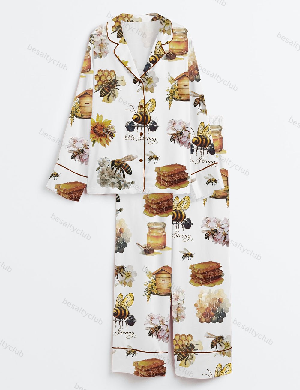 Bee Strong Sunflower Long Sleeve Satin Pajama Set