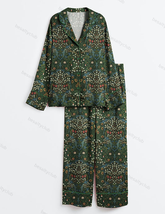 Antique Colors Sunflowers Plant Lover Gardening Print Long Sleeve Satin Pajama Set