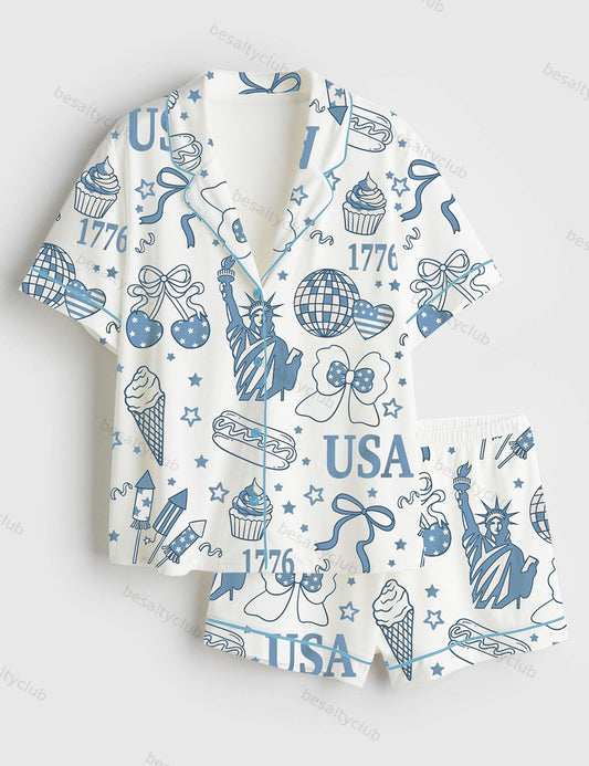 Retro America Coquette Preppy 4th Of July Girly Memorial Day Print Short Sleeve Satin Pajama Set