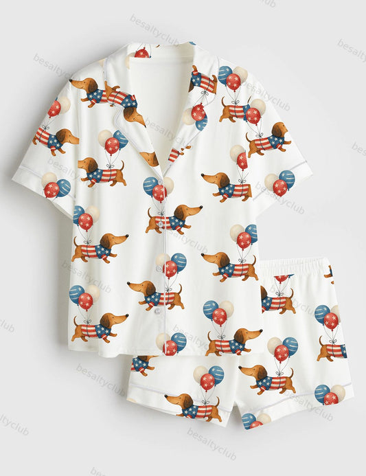4th Of July Pet Dog Lovers Watercolor America Flag Dachshund Dog Print Short Sleeve Satin Pajama Set