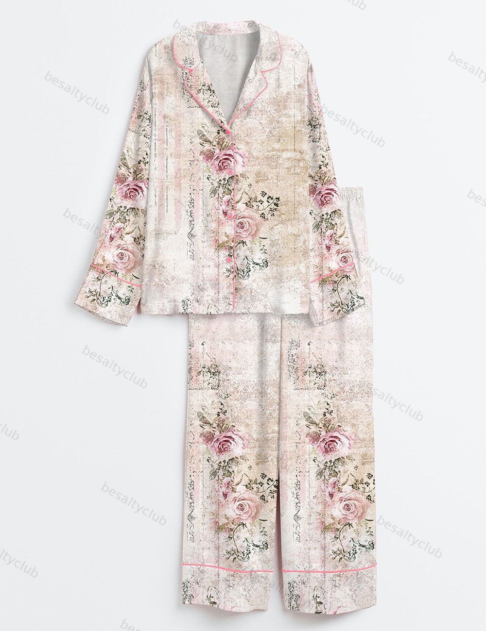 Vintage Floral Pink Rose Print Long Sleeve Satin Pajama Set