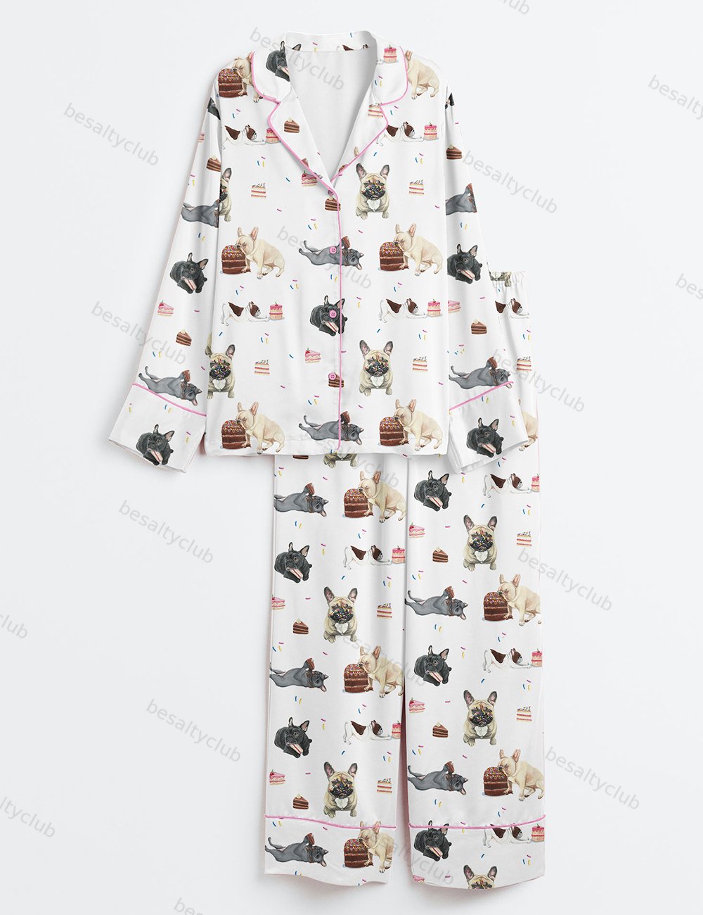 French Bulldog Birthday Gift Birthday Cake Cute French Bulldog Print Long Sleeve Satin Pajama Set