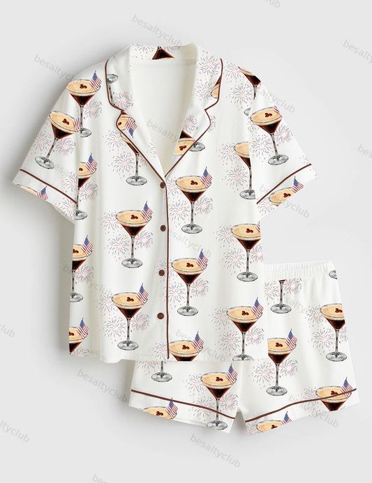 4th Of July Espresso Martini Retro Fireworks Short Sleeve Satin Pajama Set