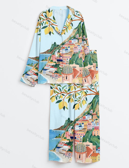 Positano Italy Travel Amalfi Coast Italy Roma Summer Beach Print Long Sleeve Satin Pajama Set