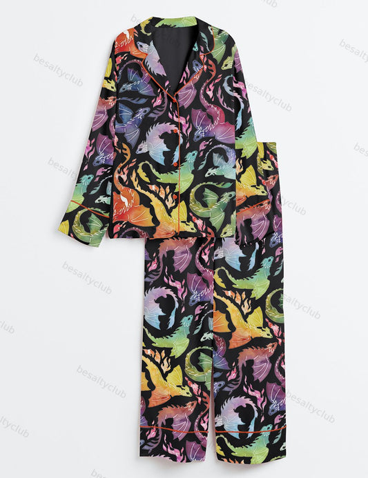 Dragon Fire Rainbow Black Long Sleeve Satin Pajama Set
