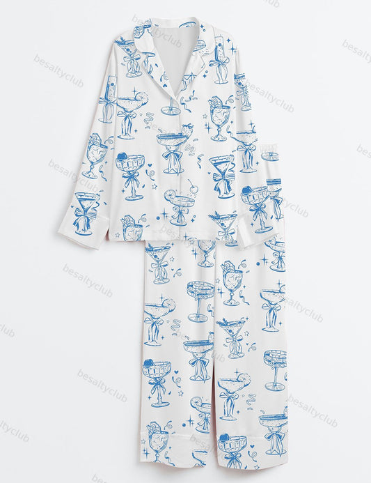 Cocktail Mimosa Cosmo Mojito Dirty Martini Margarita Long Sleeve Satin Pajama Set