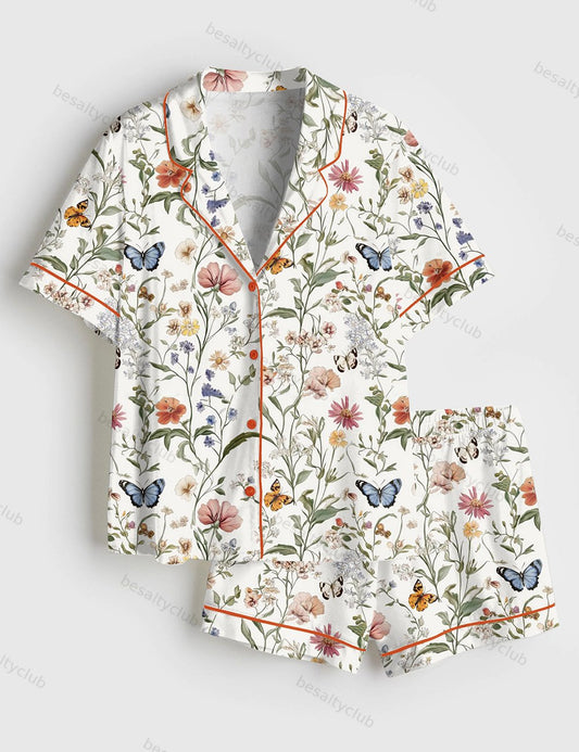 Wildflower Butterfly Vintage Spring Wildflower Print Short Sleeve Satin Pajama Set