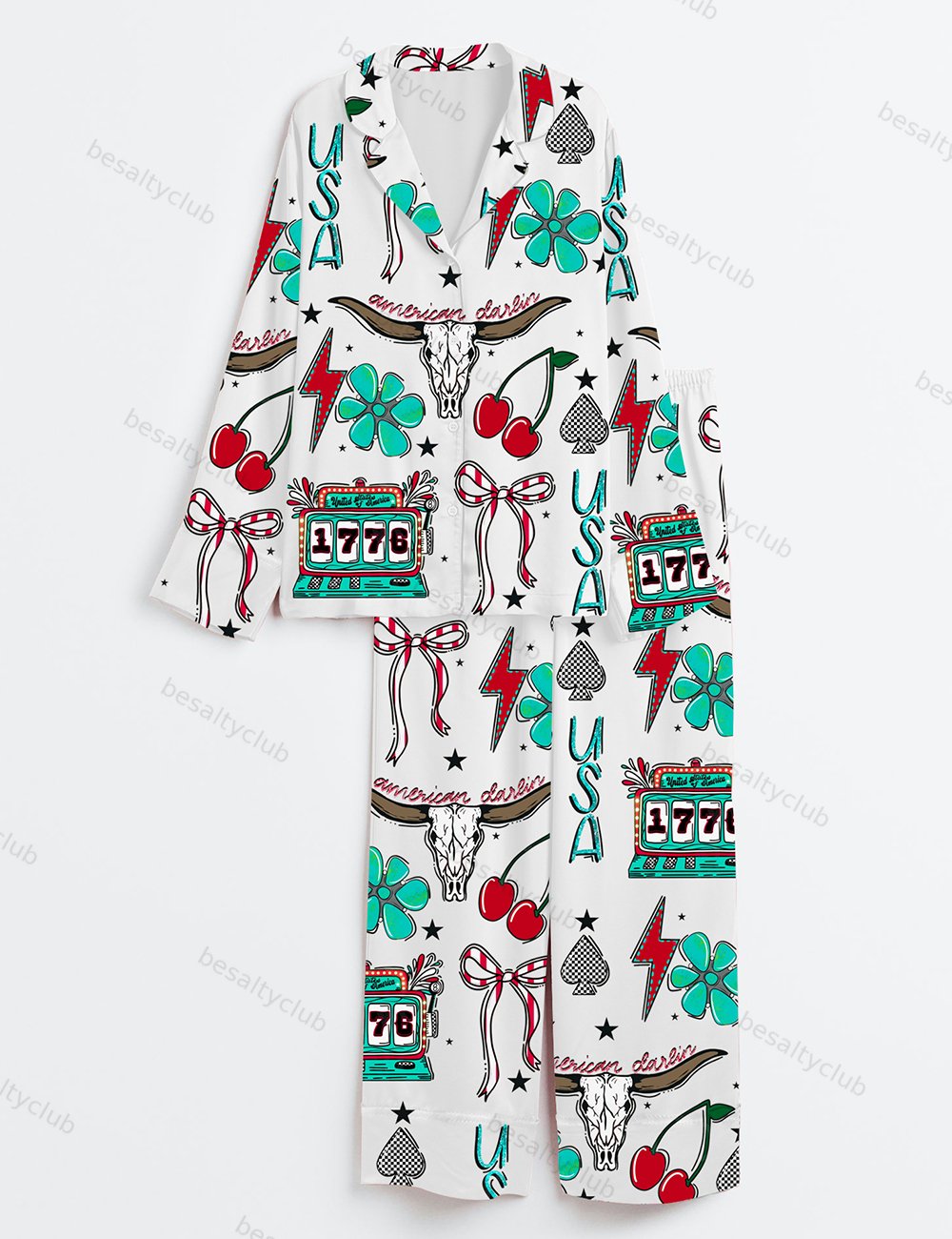 Western 4th Of July Independence Day America Checkers Coquette Patriotic Print Long Sleeve Satin Pajama Set