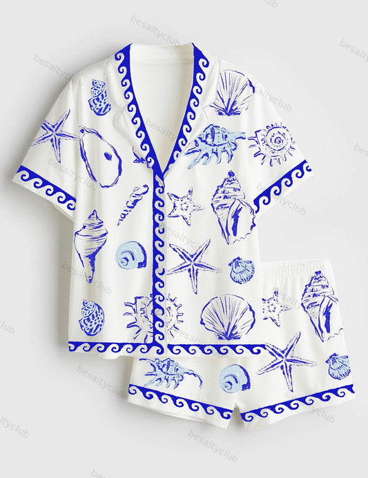 Sea Summer Seashell Coastal Summer Beach Short Sleeve Satin Pajama Set