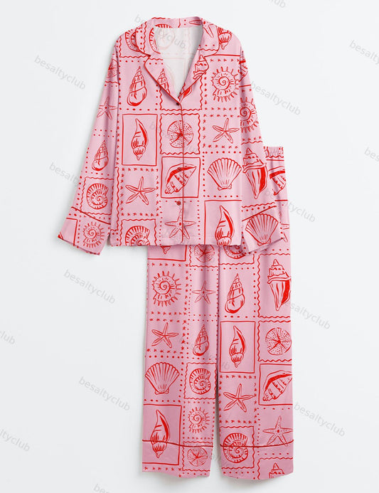 Repetitive Pink Seashells Summer Preppy Print Long Sleeve Satin Pajama Set