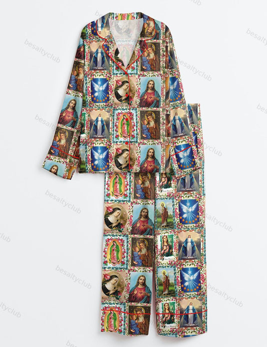 Catholic Saints Jesus Faith God Long Sleeve Satin Pajama Set